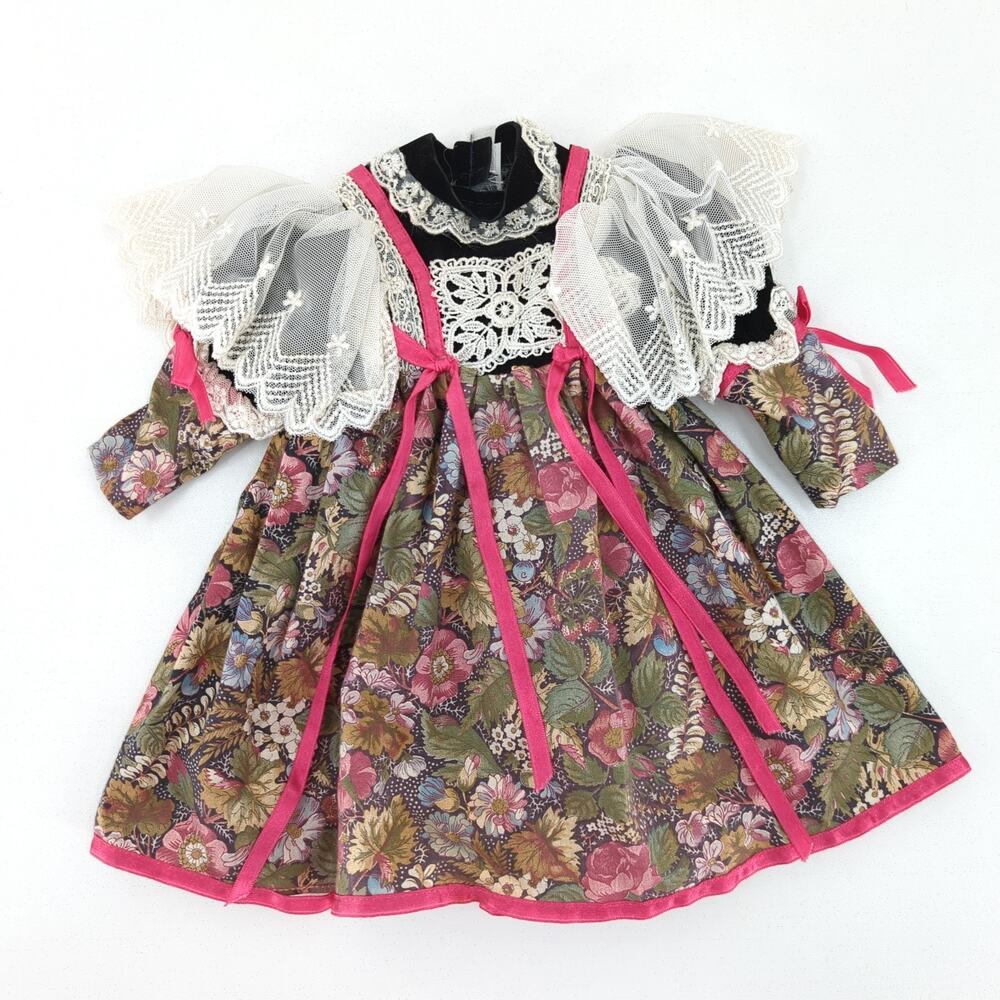 Handmade American Girl 18" Doll Dress Black Brown Floral Lace Velvet Folk FLAW